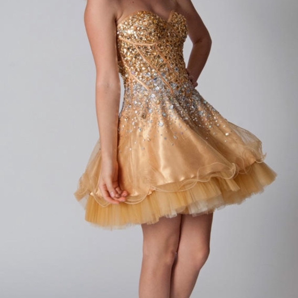 Jovani Gold Rhinestone Strapless Cocktail Dress - Homecoming, Pageant, Sweet 16